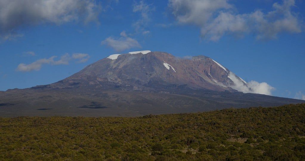 Bajos arbustos y páramo se extienden por la meseta de Shira bajo la cumbre del monte Kilimanjaro.
